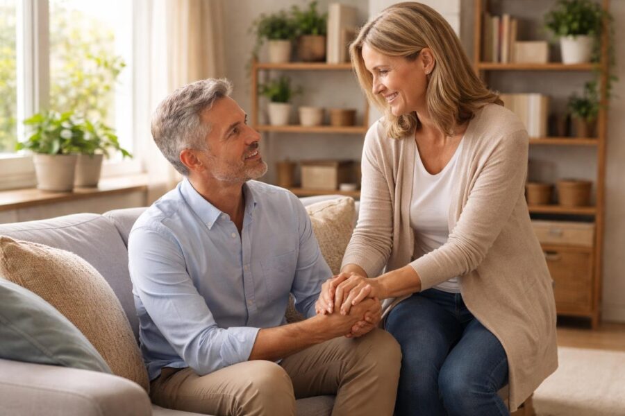 Um casal de meia-idade em uma sala de estar aconchegante, o homem sentado no sofá e a mulher segurando sua mão com um sorriso, transmitindo confiança e compromisso.