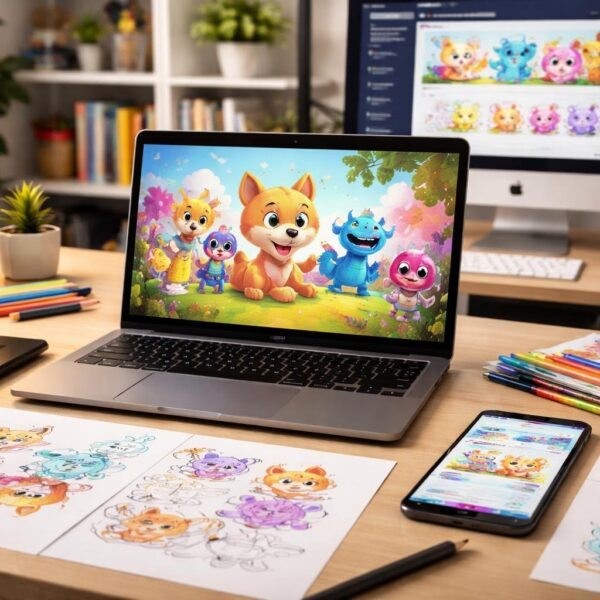 Mesa de trabalho moderna com laptop mostrando personagens animados coloridos, tablet de desenho digital, smartphone com interface de site, e ambiente de escritório organizado.