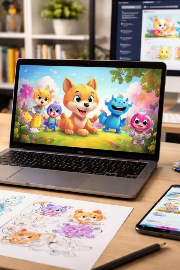 Mesa de trabalho moderna com laptop mostrando personagens animados coloridos, tablet de desenho digital, smartphone com interface de site, e ambiente de escritório organizado.