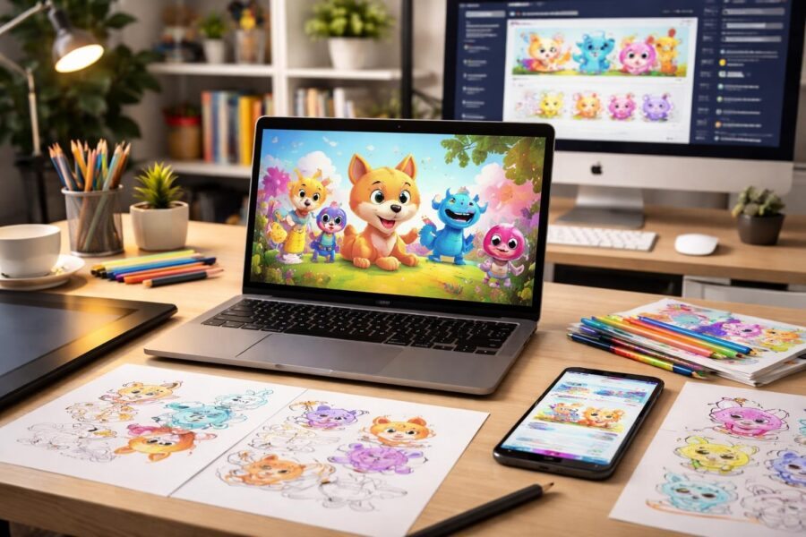 Mesa de trabalho moderna com laptop mostrando personagens animados coloridos, tablet de desenho digital, smartphone com interface de site, e ambiente de escritório organizado.