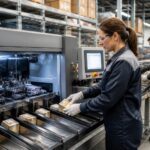 Operação industrial com máquina automatizada de manuseio de caixa em ambiente organizado com trabalhadores uniformizados.