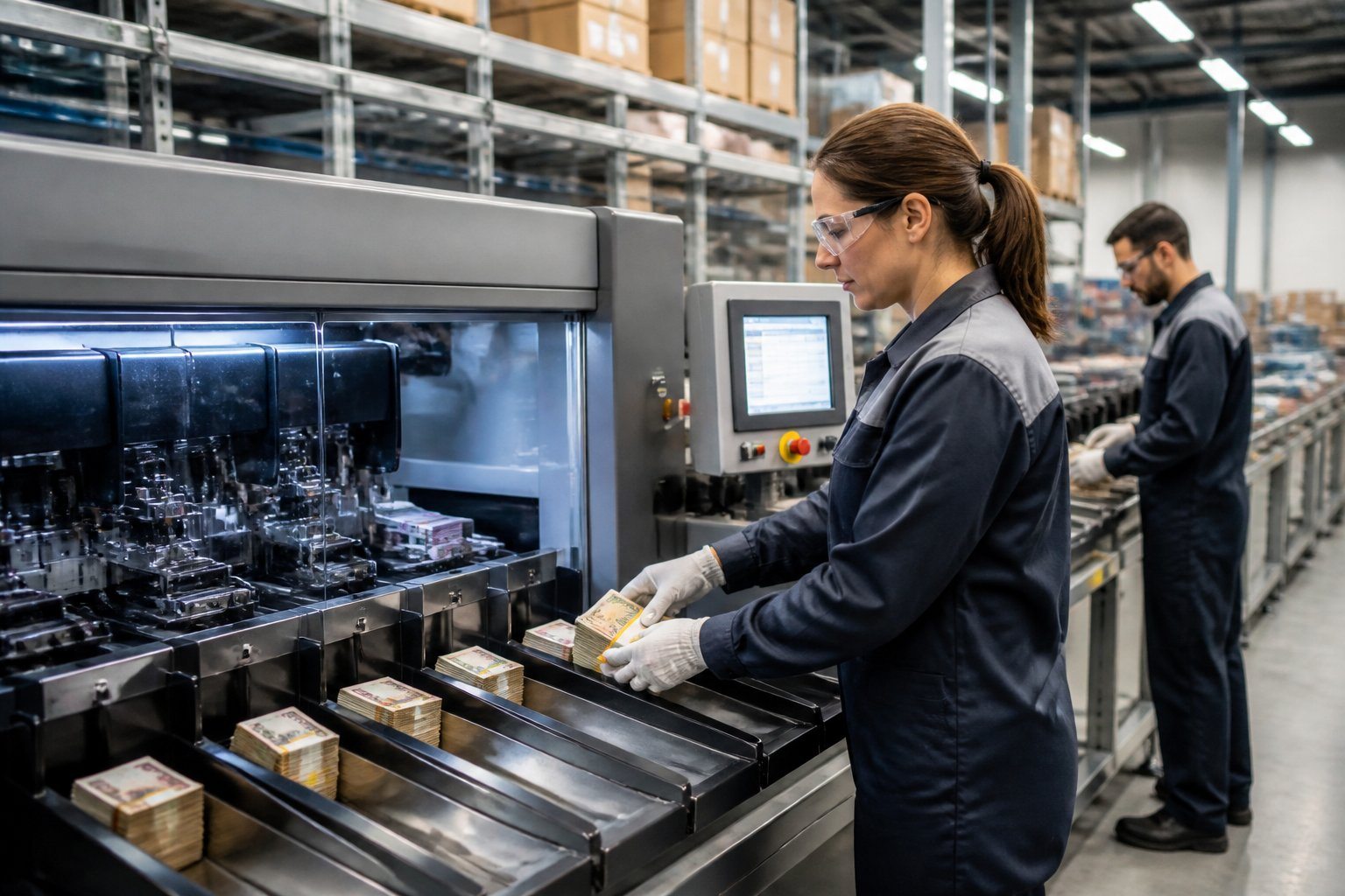 Operação industrial com máquina automatizada de manuseio de caixa em ambiente organizado com trabalhadores uniformizados.