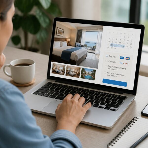 Pessoa usando um laptop em uma mesa moderna, reservando um hotel online com opções de pagamento visíveis na tela.