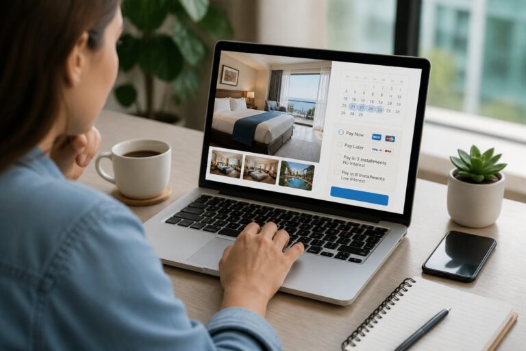Pessoa usando um laptop em uma mesa moderna, reservando um hotel online com opções de pagamento visíveis na tela.