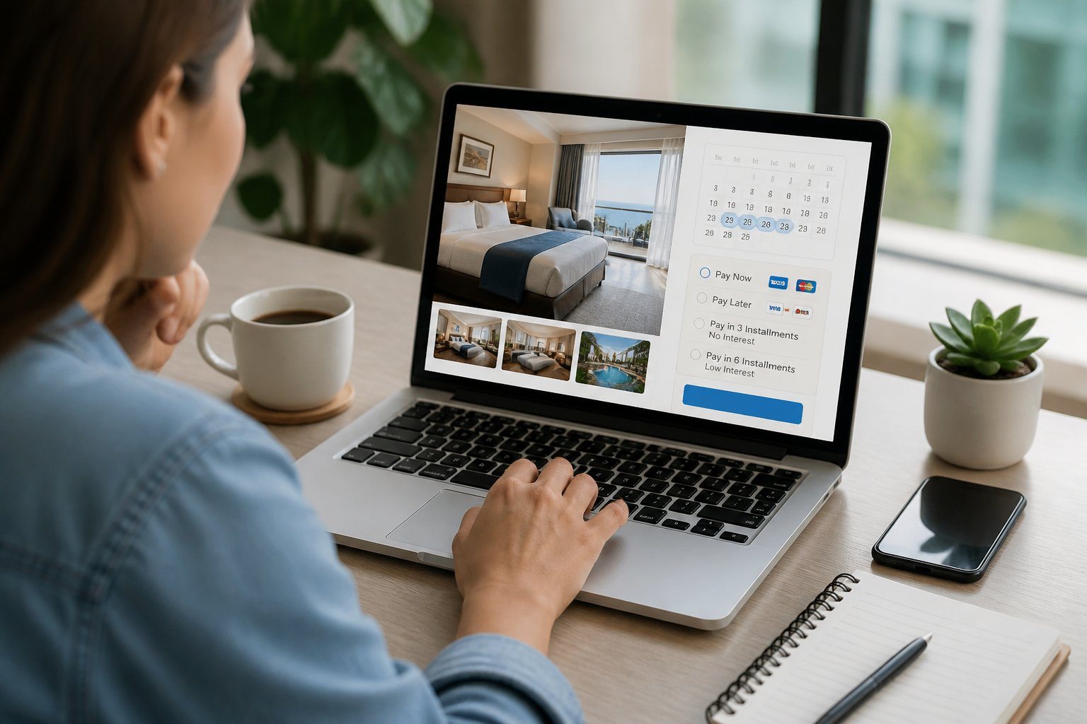 Pessoa usando um laptop em uma mesa moderna, reservando um hotel online com opções de pagamento visíveis na tela.