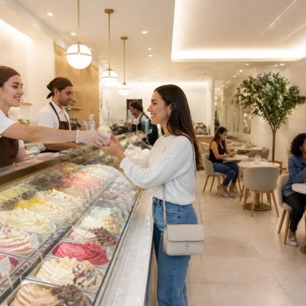 Interior de uma sorveteria Bacio di Latte com balcão de gelatos coloridos, funcionários atendendo clientes e pessoas saboreando sorvete em mesas.