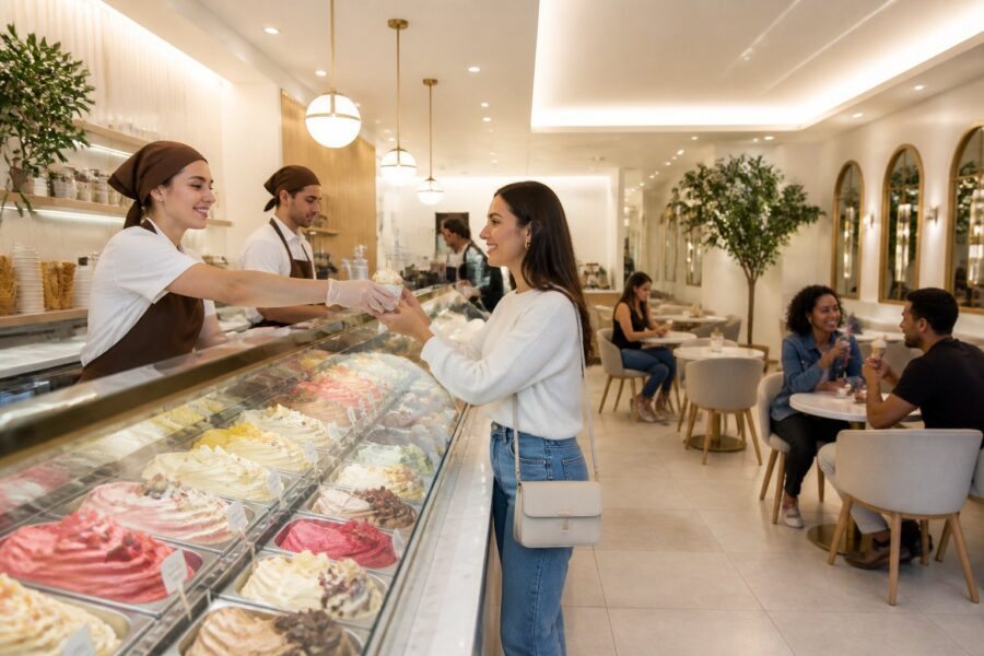 Interior de uma sorveteria Bacio di Latte com balcão de gelatos coloridos, funcionários atendendo clientes e pessoas saboreando sorvete em mesas.