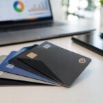 Várias carteiras de crédito dispostas em um escritório moderno, com laptop e smartphone ao fundo.