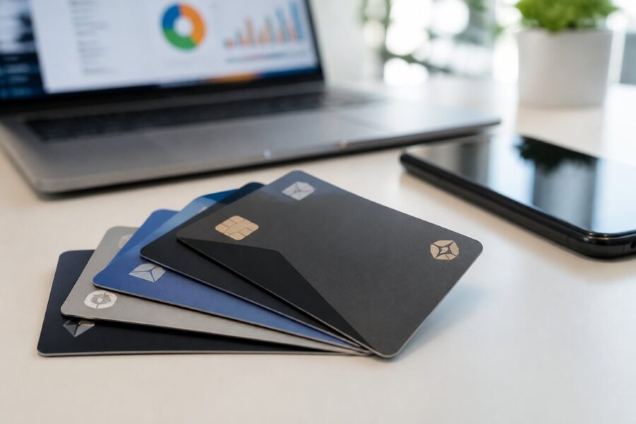 Várias carteiras de crédito dispostas em um escritório moderno, com laptop e smartphone ao fundo.
