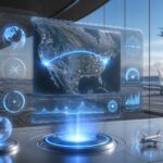 Interface digital futurista mostrando rota de viagem aérea entre duas cidades em um aeroporto moderno ao fundo.