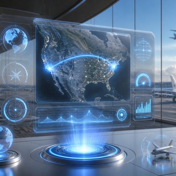 Interface digital futurista mostrando rota de viagem aérea entre duas cidades em um aeroporto moderno ao fundo.