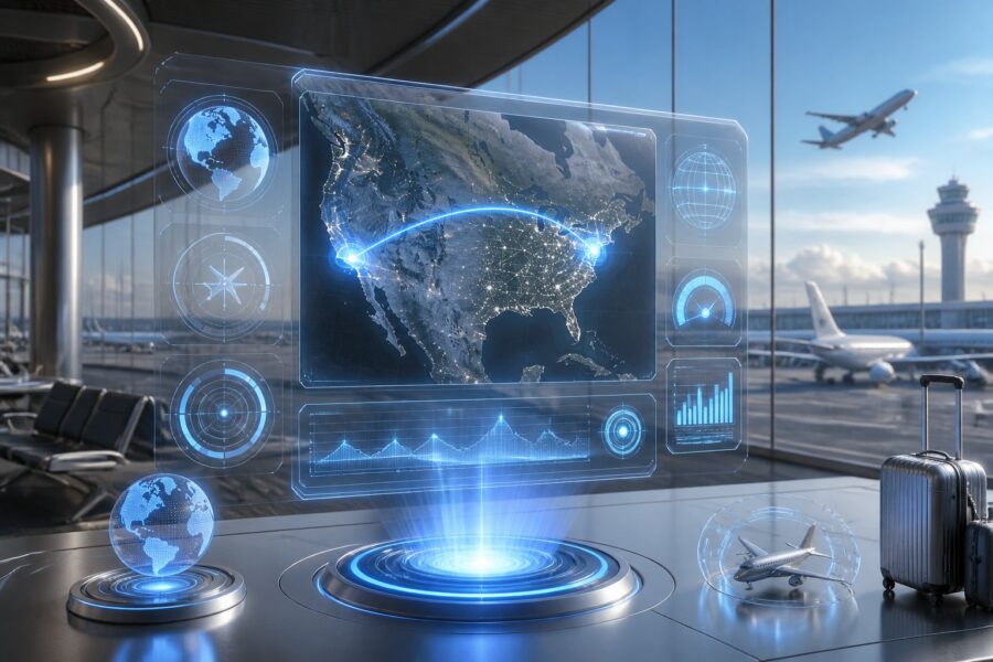 Interface digital futurista mostrando rota de viagem aérea entre duas cidades em um aeroporto moderno ao fundo.