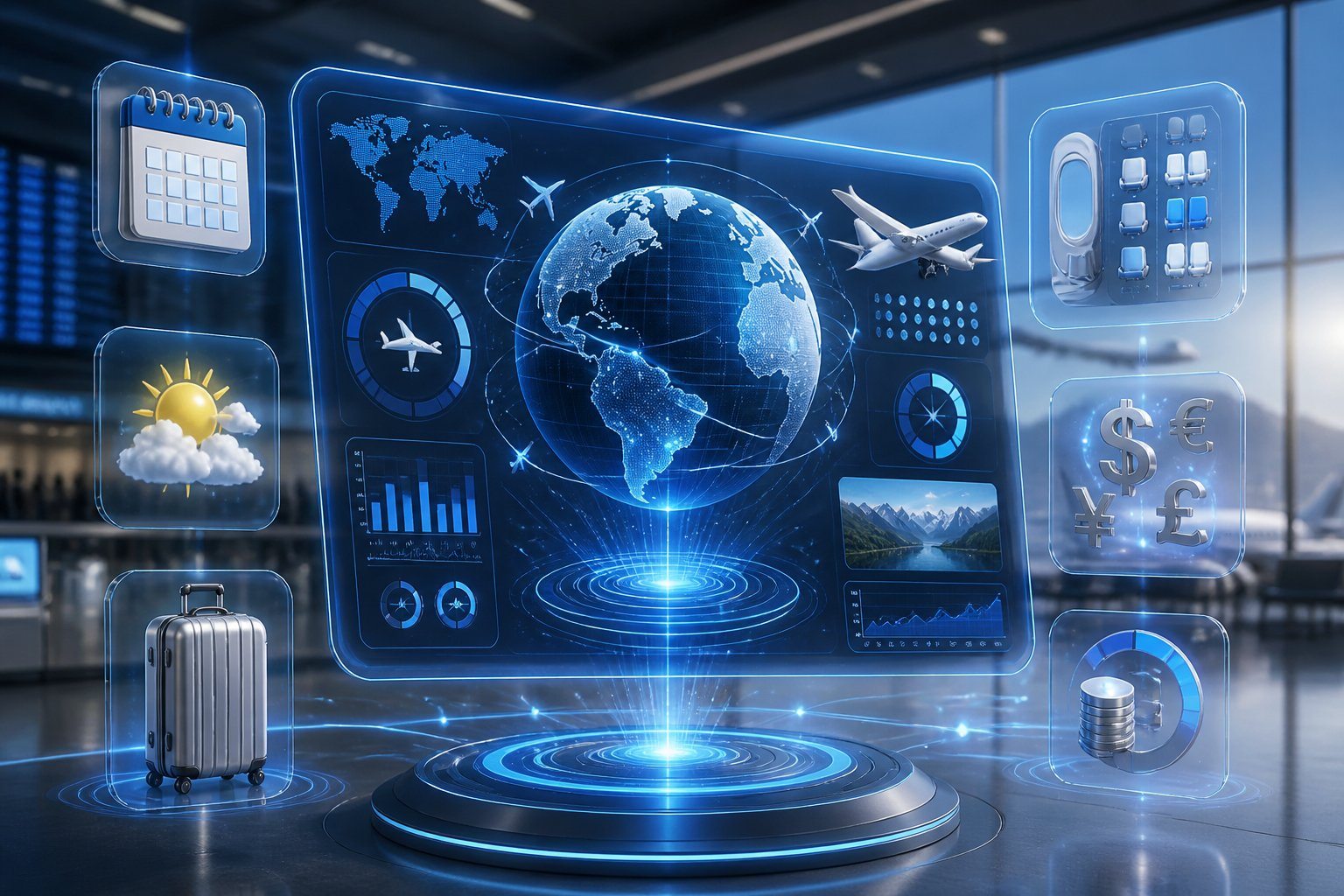 Painel futurista em 3D mostrando fatores que influenciam a quantidade de milhas necessárias para viajar, com ícones como calendário, avião, mala e símbolos de custo ao redor.