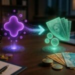 Cena mostrando uma representação digital em 3D de pontos Livelo se transformando em dinheiro em reais sobre uma mesa de escritório.