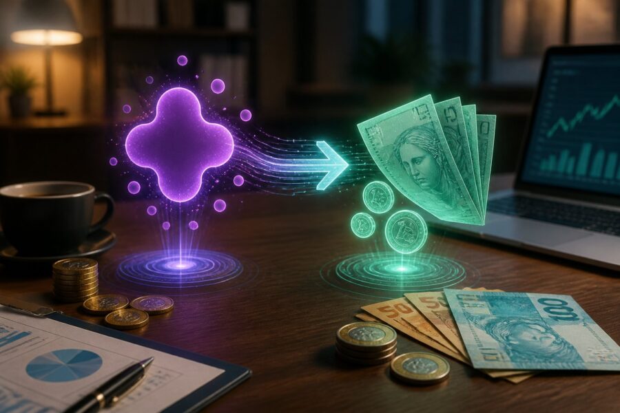 Cena mostrando uma representação digital em 3D de pontos Livelo se transformando em dinheiro em reais sobre uma mesa de escritório.