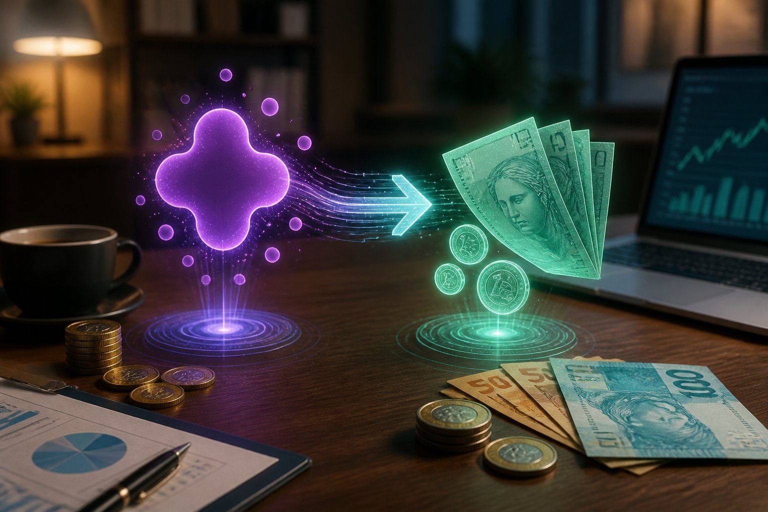 Cena mostrando uma representação digital em 3D de pontos Livelo se transformando em dinheiro em reais sobre uma mesa de escritório.