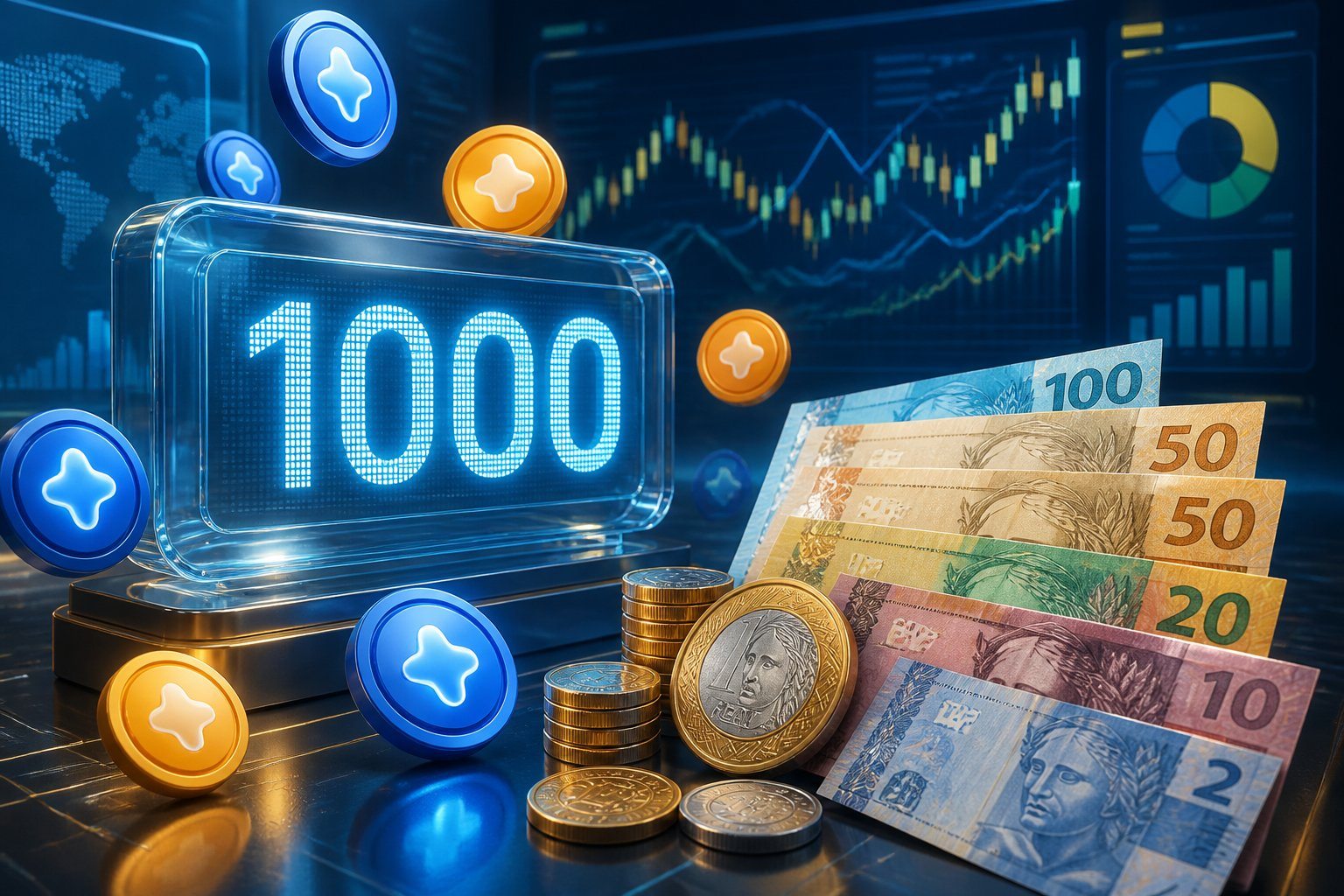 Cena 3D mostrando moedas e cédulas brasileiras ao lado de ícones representando pontos Livelo, com gráficos digitais ao fundo indicando variações de valor.