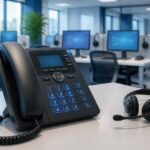 Telefone moderno sobre uma mesa em um ambiente de central de atendimento com computadores e cadeiras ao fundo.