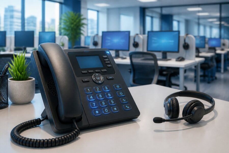 Telefone moderno sobre uma mesa em um ambiente de central de atendimento com computadores e cadeiras ao fundo.