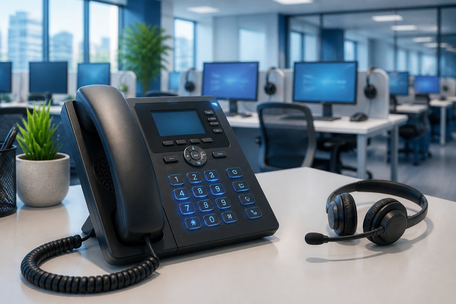 Telefone moderno sobre uma mesa em um ambiente de central de atendimento com computadores e cadeiras ao fundo.