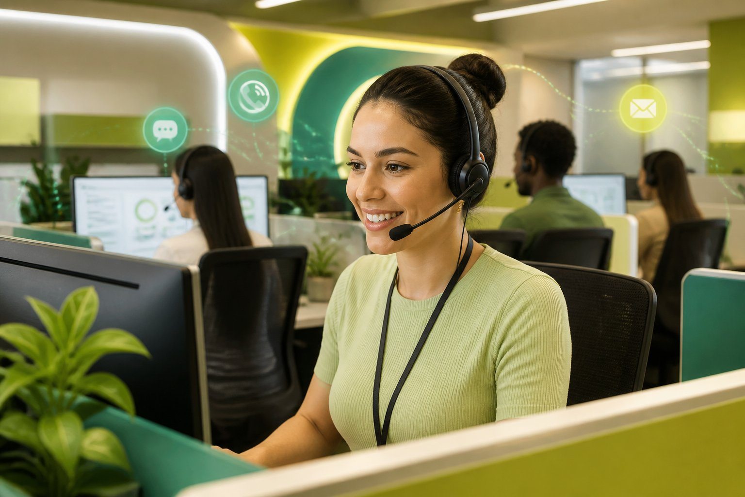 Ambiente de um call center moderno com um atendente usando headset, em um escritório iluminado e equipado para atendimento ao cliente.