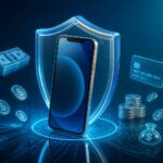 Um smartphone moderno protegido por um escudo transparente brilhante, rodeado por ícones flutuantes de dinheiro e moedas, representando um empréstimo com garantia de celular.