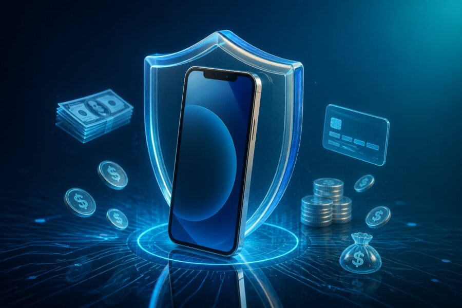 Um smartphone moderno protegido por um escudo transparente brilhante, rodeado por ícones flutuantes de dinheiro e moedas, representando um empréstimo com garantia de celular.