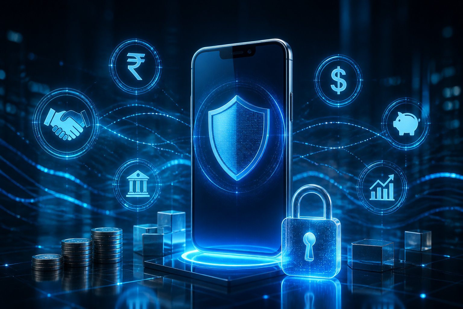Um smartphone moderno em pé sobre uma superfície refletiva, cercado por ícones digitais que representam segurança e transações financeiras.