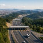 Rodovia sinuosa entre São Paulo e Campos do Jordão com várias praças de pedágio ao longo do caminho, cercada por montanhas verdes e árvores.
