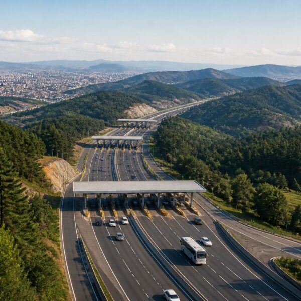 Rodovia sinuosa entre São Paulo e Campos do Jordão com várias praças de pedágio ao longo do caminho, cercada por montanhas verdes e árvores.