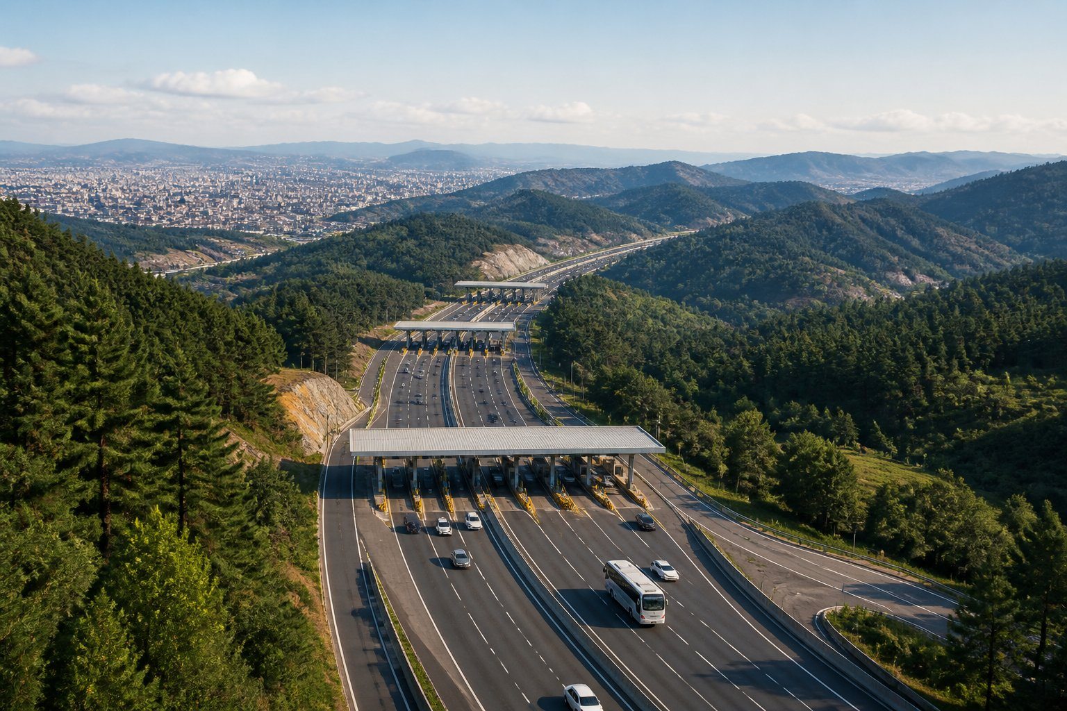 Rodovia sinuosa entre São Paulo e Campos do Jordão com várias praças de pedágio ao longo do caminho, cercada por montanhas verdes e árvores.