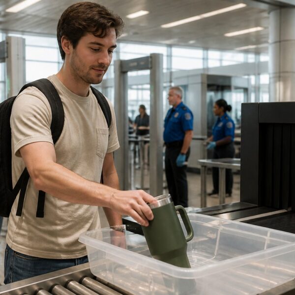 Pessoa colocando um copo Stanley em uma bandeja no ponto de inspeção de segurança do aeroporto.