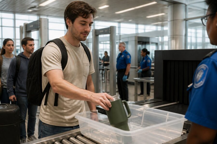Pessoa colocando um copo Stanley em uma bandeja no ponto de inspeção de segurança do aeroporto.