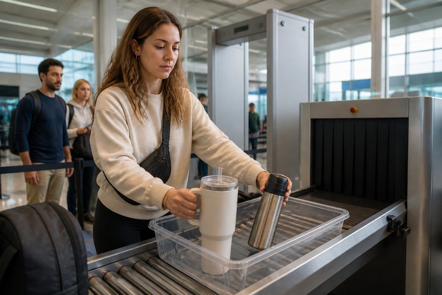 Pessoa passando por um controle de segurança no aeroporto com um copo Stanley e uma garrafa térmica em uma bandeja de inspeção.