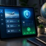 Interface digital moderna mostrando processo seguro de reserva de viagem com ícones de escudo e marca de verificação, em um ambiente profissional com modelos de globo e avião ao fundo.