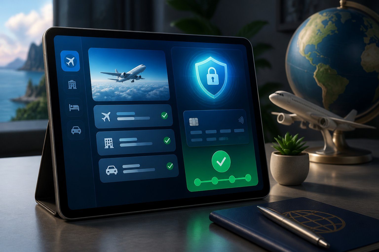 Interface digital moderna mostrando processo seguro de reserva de viagem com ícones de escudo e marca de verificação, em um ambiente profissional com modelos de globo e avião ao fundo.