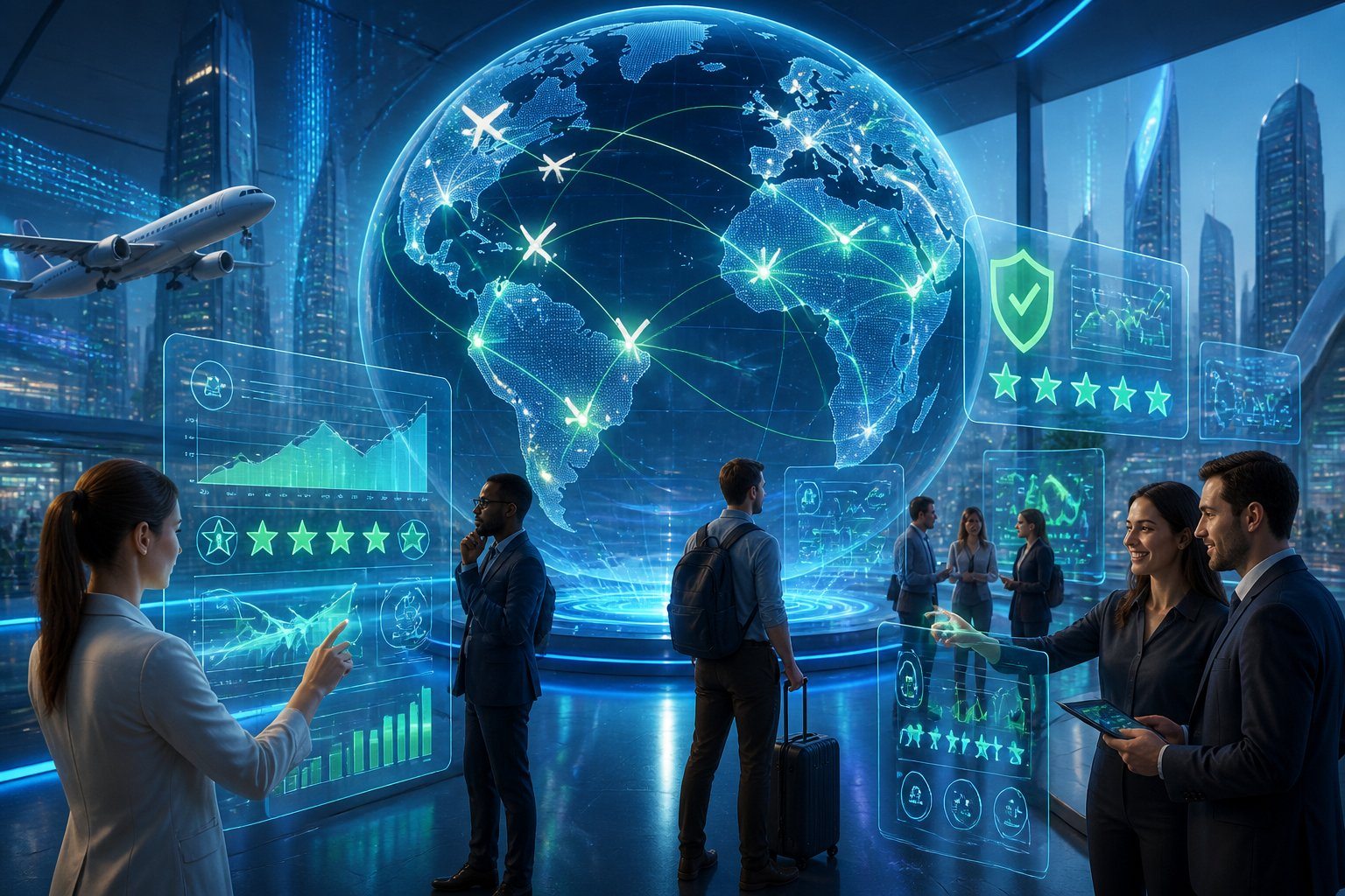 Interface digital futurista mostrando rotas de voo globais e pessoas interagindo com gráficos que indicam confiança e boa reputação da MaxMilhas em 2026.