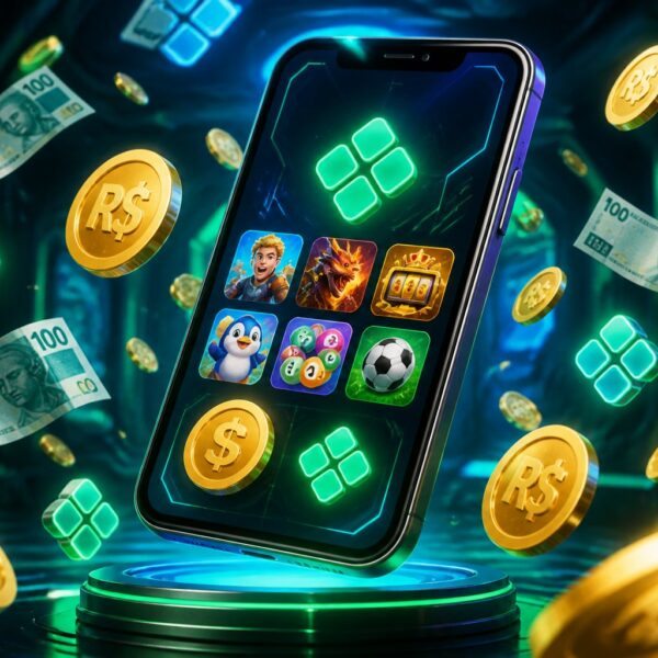 Um smartphone flutuando mostrando ícones de jogos coloridos e símbolos de dinheiro digital com moedas e notas ao redor, em um ambiente tecnológico moderno.