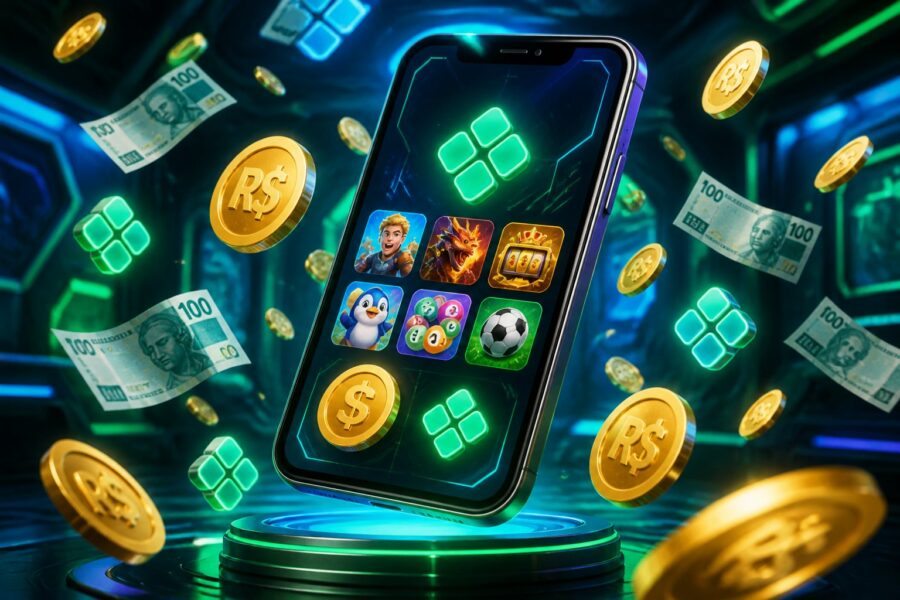 Um smartphone flutuando mostrando ícones de jogos coloridos e símbolos de dinheiro digital com moedas e notas ao redor, em um ambiente tecnológico moderno.