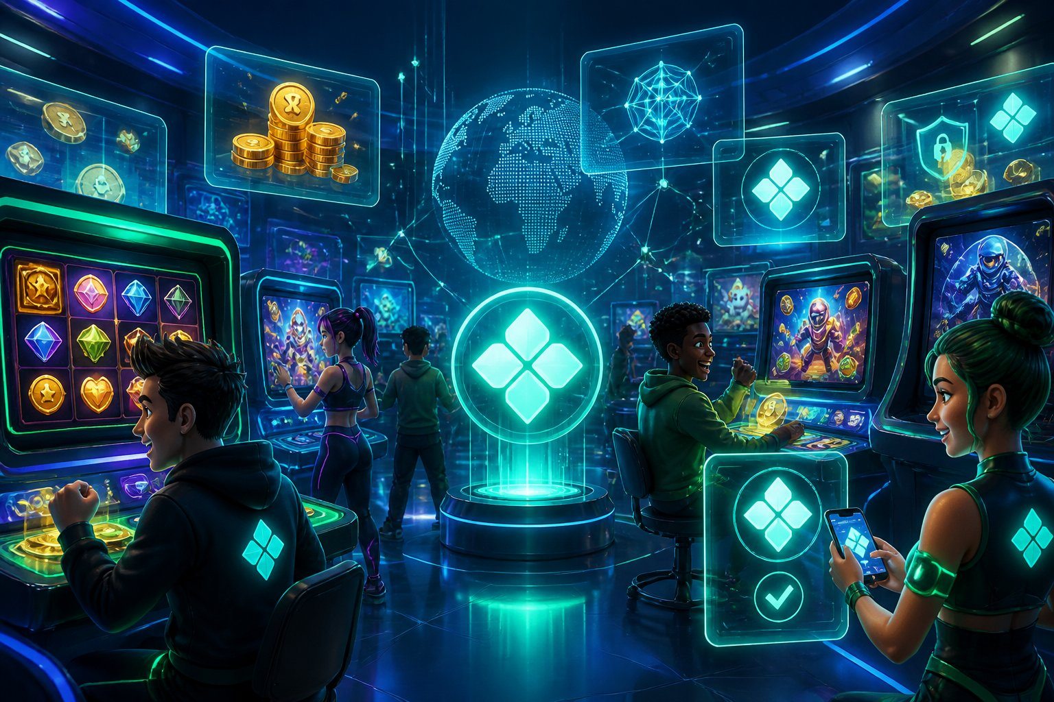 Ambiente digital futurista com máquinas de jogos virtuais, avatares interagindo e símbolos de pagamento Pix em destaque, transmitindo a ideia de ganhar dinheiro jogando sem depósito.