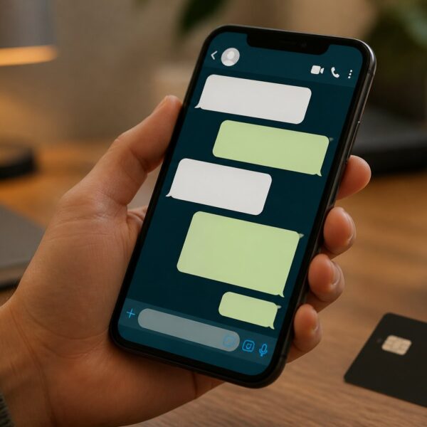Pessoa segurando um smartphone com uma tela de conversa de aplicativo de mensagens, em um ambiente interno com iluminação suave e um cartão do banco C6 próximo.