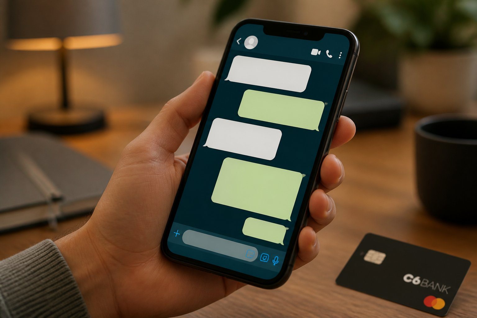 Pessoa segurando um smartphone com uma tela de conversa de aplicativo de mensagens, em um ambiente interno com iluminação suave e um cartão do banco C6 próximo.