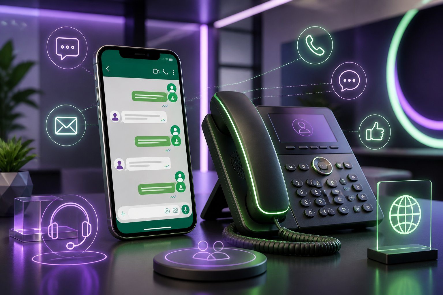 Ambiente digital com smartphone mostrando interface de WhatsApp e telefone de mesa representando opções de atendimento do C6 Bank.