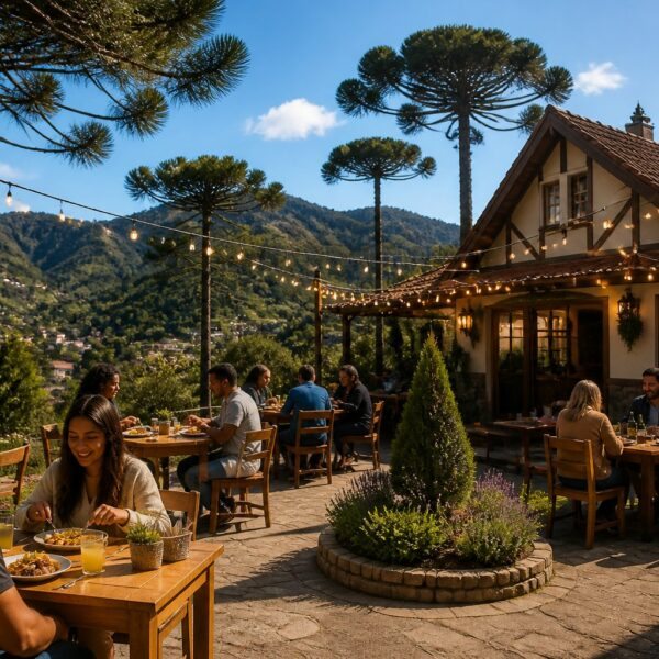 Área externa de restaurante simples e acolhedor em Campos do Jordão, com mesas de madeira, árvores de pinheiro e montanhas ao fundo, pessoas comendo e ambiente tranquilo.