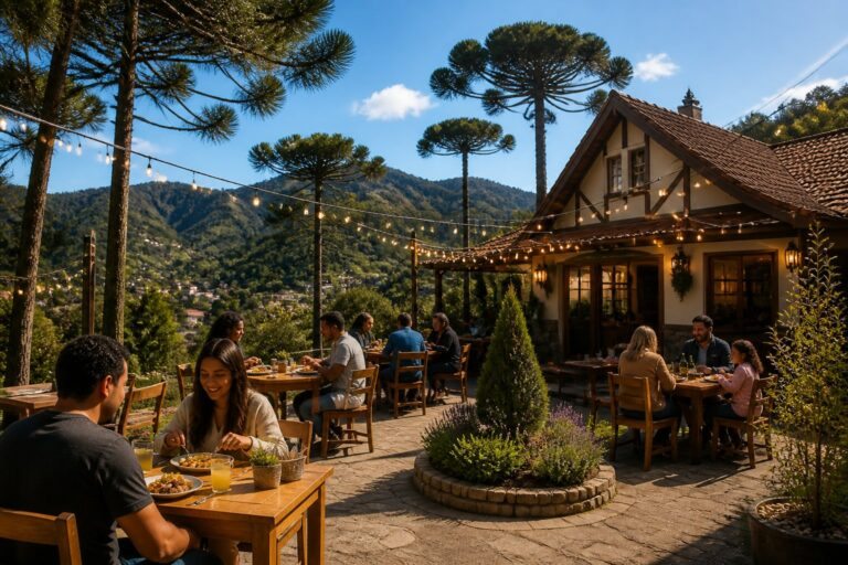Área externa de restaurante simples e acolhedor em Campos do Jordão, com mesas de madeira, árvores de pinheiro e montanhas ao fundo, pessoas comendo e ambiente tranquilo.
