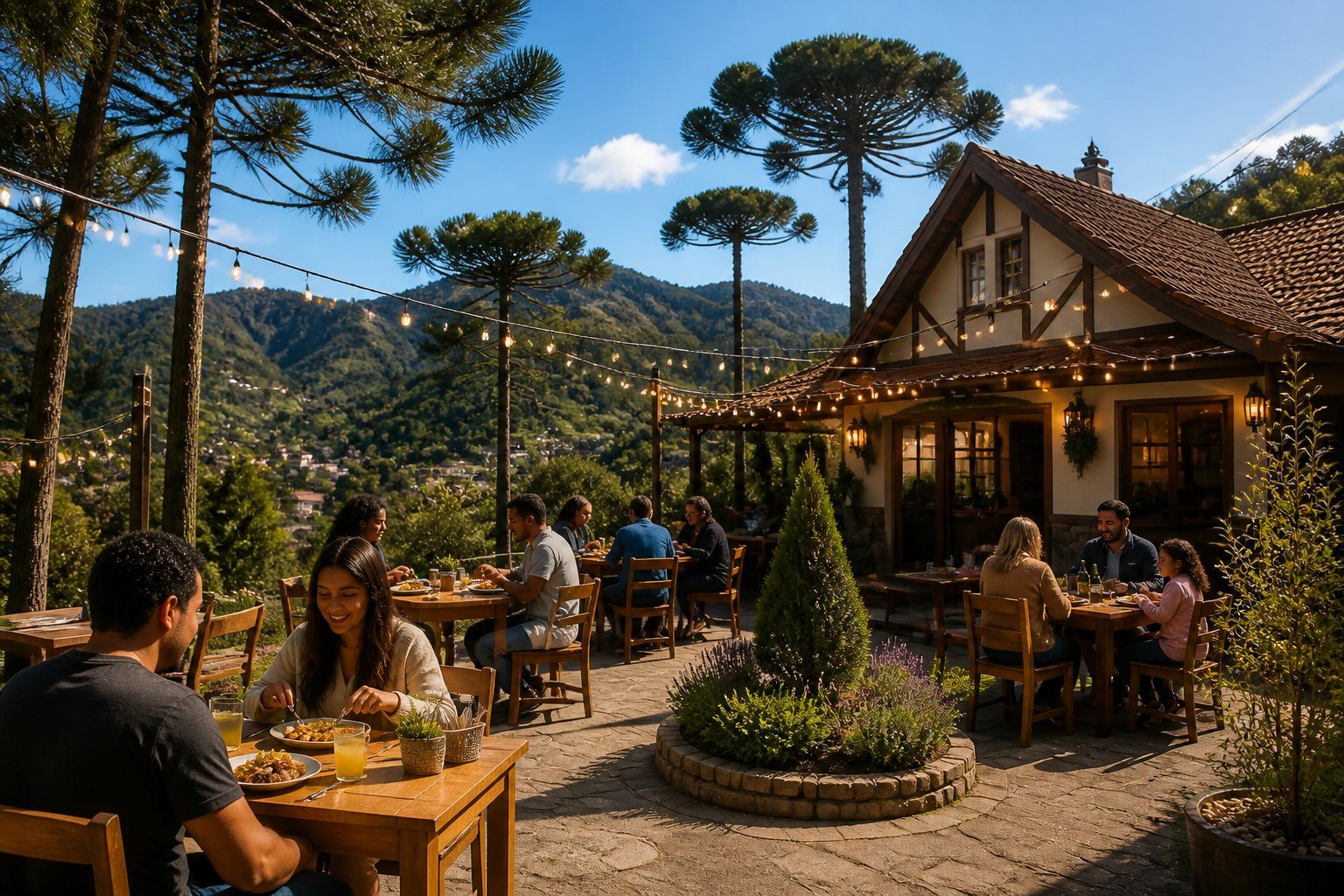 Área externa de restaurante simples e acolhedor em Campos do Jordão, com mesas de madeira, árvores de pinheiro e montanhas ao fundo, pessoas comendo e ambiente tranquilo.