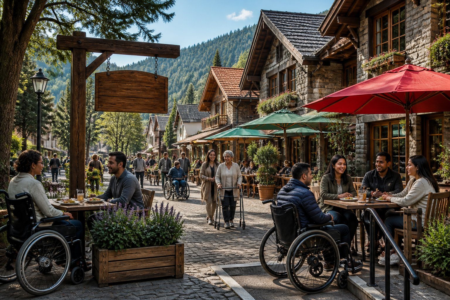 Rua em Campos do Jordão com restaurantes acessíveis e pessoas aproveitando refeições ao ar livre em um ambiente acolhedor e montanhoso.