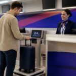 Funcionário de companhia aérea ajudando passageiro a pesar mala em balcão de check-in no aeroporto.