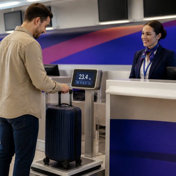 Funcionário de companhia aérea ajudando passageiro a pesar mala em balcão de check-in no aeroporto.
