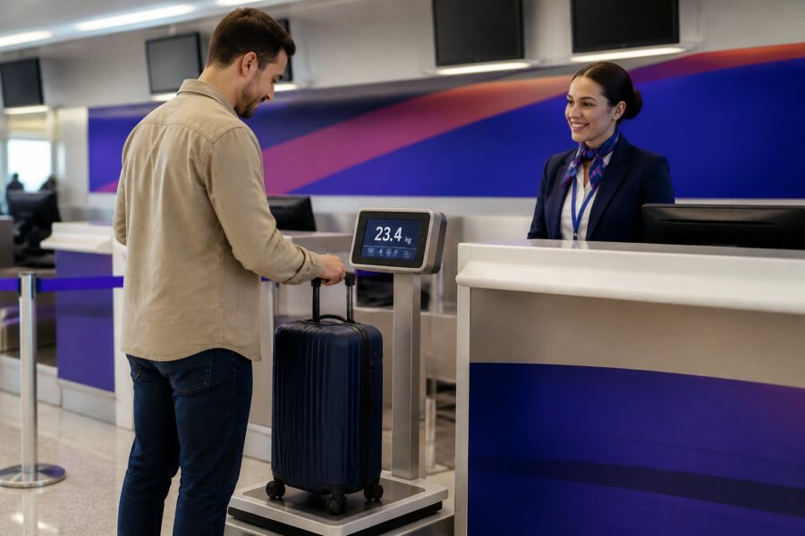 Funcionário de companhia aérea ajudando passageiro a pesar mala em balcão de check-in no aeroporto.